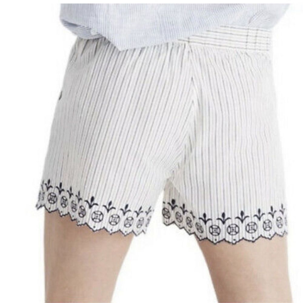 (B5) Madewell‎ Sleep Shorts, Jardin Stripe Embroidered Scalloped Hem W/Pockets,M